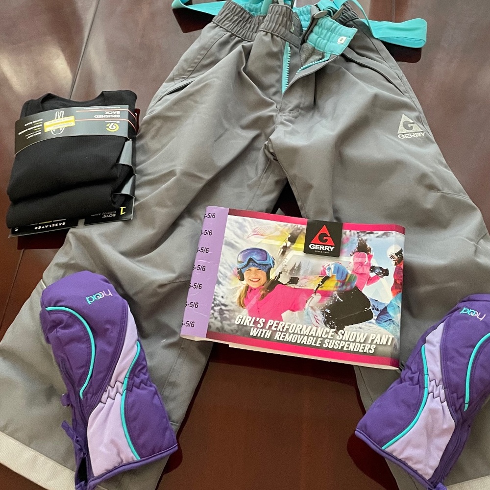 unisex kids snow pants, mittens and long johns